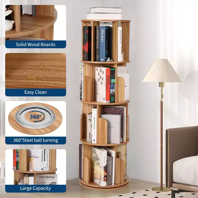 Wooden Rotating Bookshelf, 4Tier 360 Display Floor-Standing Bookcase, Multi-Functional Storage Organizer for Living Room, Bedroom