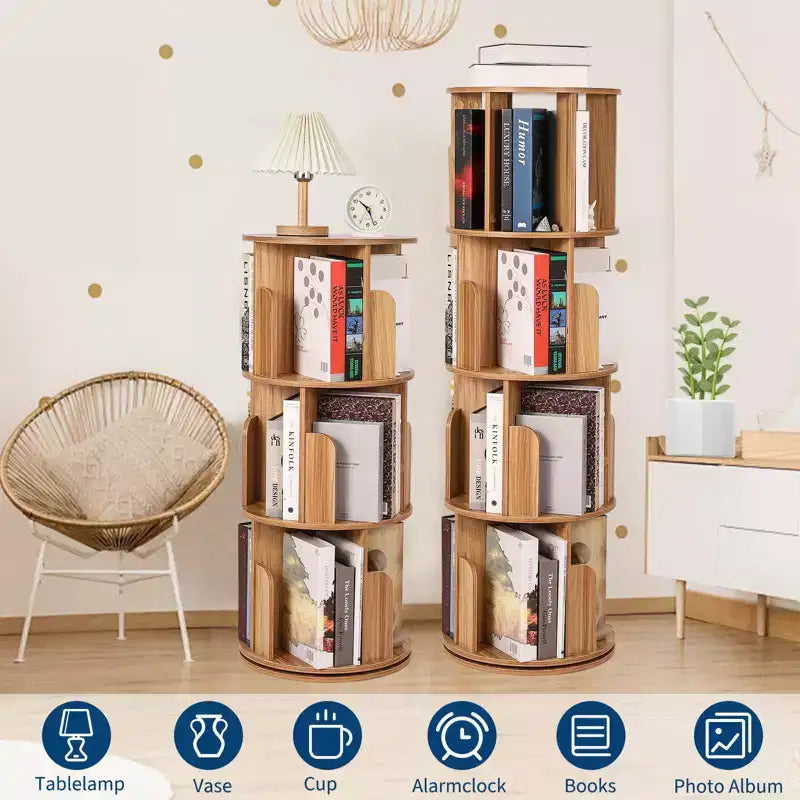 Wooden Rotating Bookshelf, 4Tier 360 Display Floor-Standing Bookcase, Multi-Functional Storage Organizer for Living Room, Bedroom
