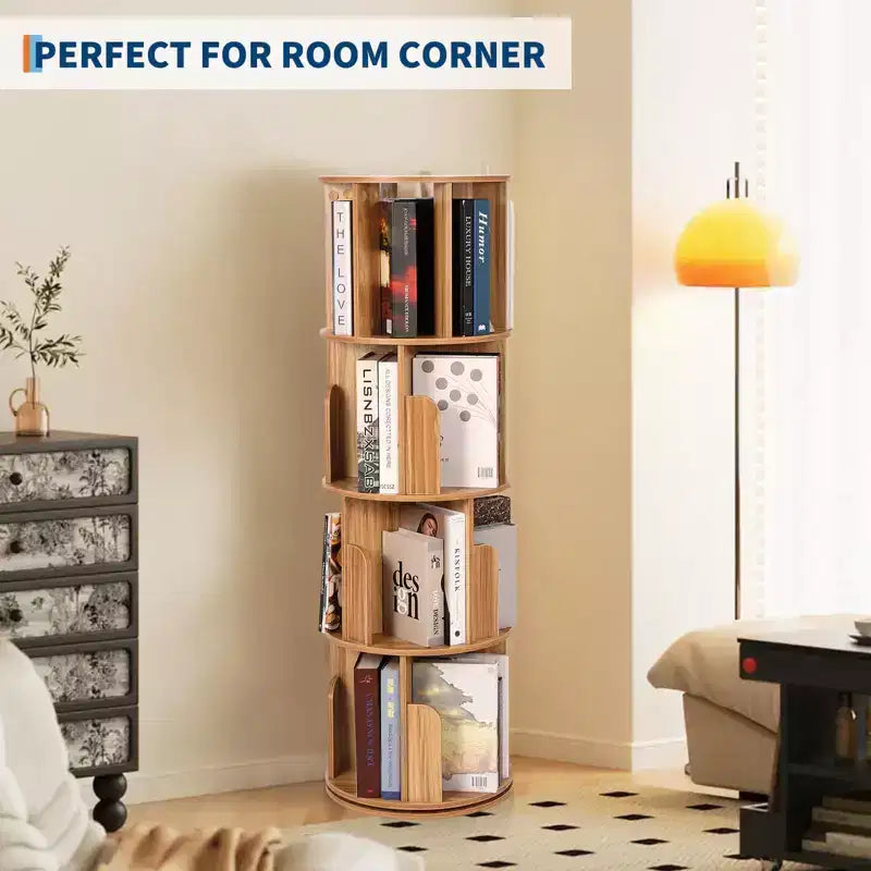 Wooden Rotating Bookshelf, 4Tier 360 Display Floor-Standing Bookcase, Multi-Functional Storage Organizer for Living Room, Bedroom