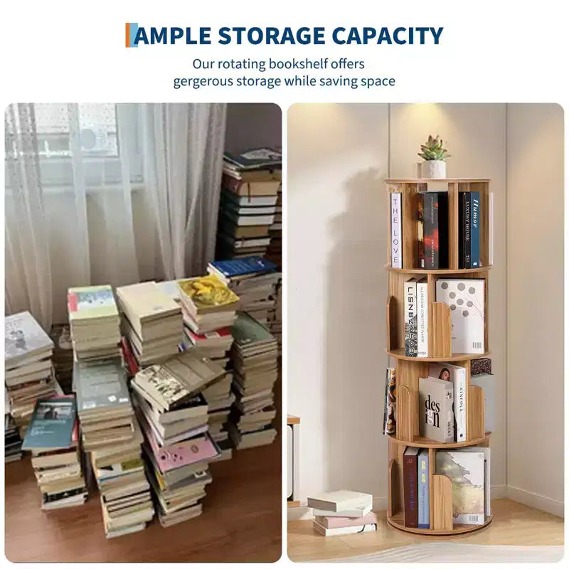 Wooden Rotating Bookshelf, 4Tier 360 Display Floor-Standing Bookcase, Multi-Functional Storage Organizer for Living Room, Bedroom