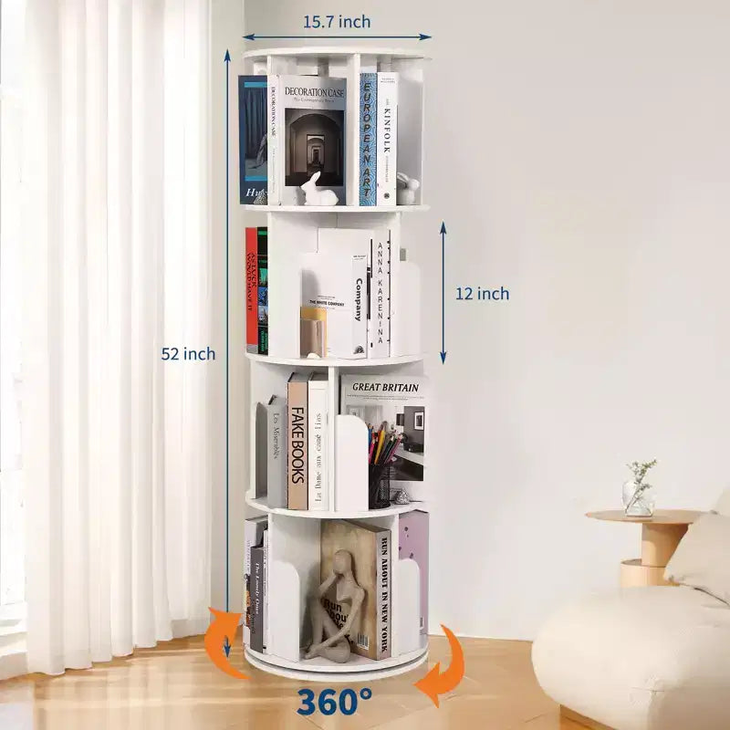 Wooden Rotating Bookshelf, 4Tier 360 Display Floor-Standing Bookcase, Multi-Functional Storage Organizer for Living Room, Bedroom
