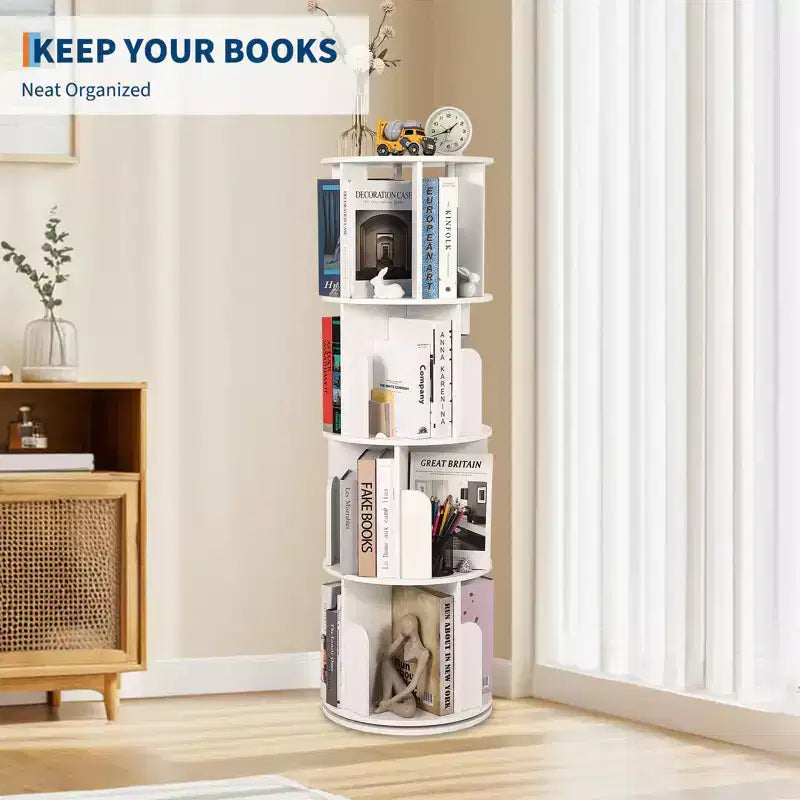 Wooden Rotating Bookshelf, 4Tier 360 Display Floor-Standing Bookcase, Multi-Functional Storage Organizer for Living Room, Bedroom