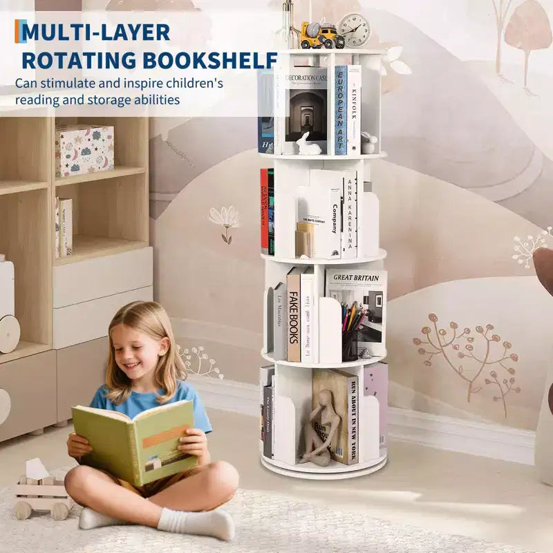 Wooden Rotating Bookshelf, 4Tier 360 Display Floor-Standing Bookcase, Multi-Functional Storage Organizer for Living Room, Bedroom