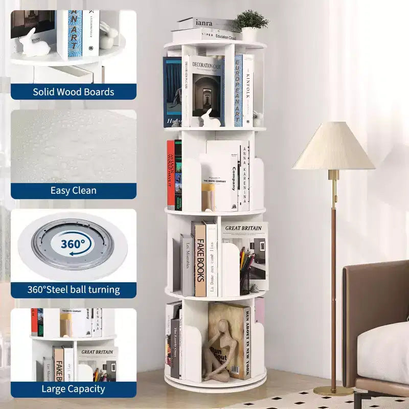 Wooden Rotating Bookshelf, 4Tier 360 Display Floor-Standing Bookcase, Multi-Functional Storage Organizer for Living Room, Bedroom