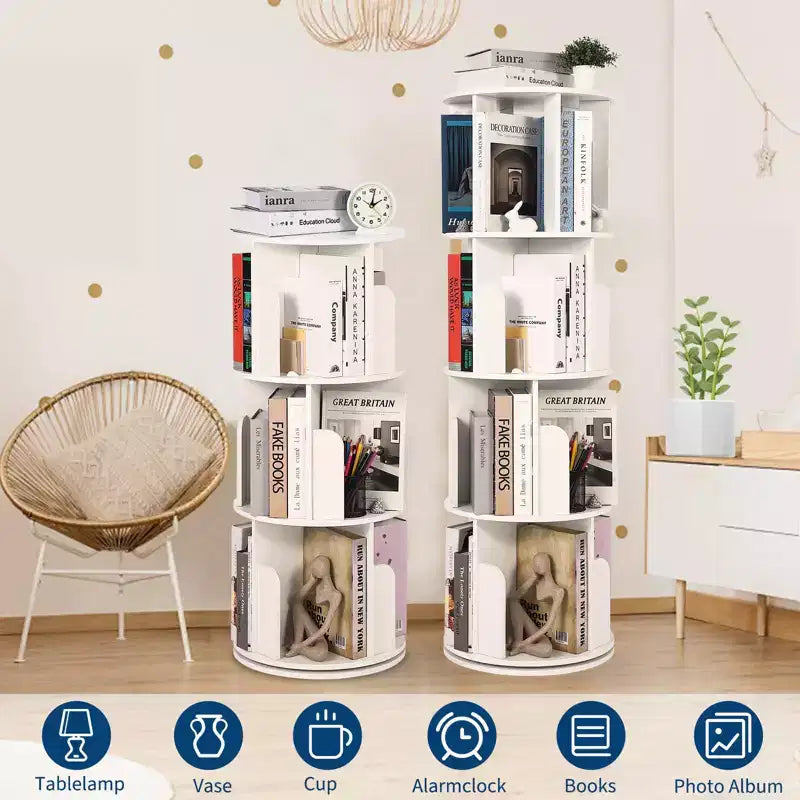 Wooden Rotating Bookshelf, 4Tier 360 Display Floor-Standing Bookcase, Multi-Functional Storage Organizer for Living Room, Bedroom