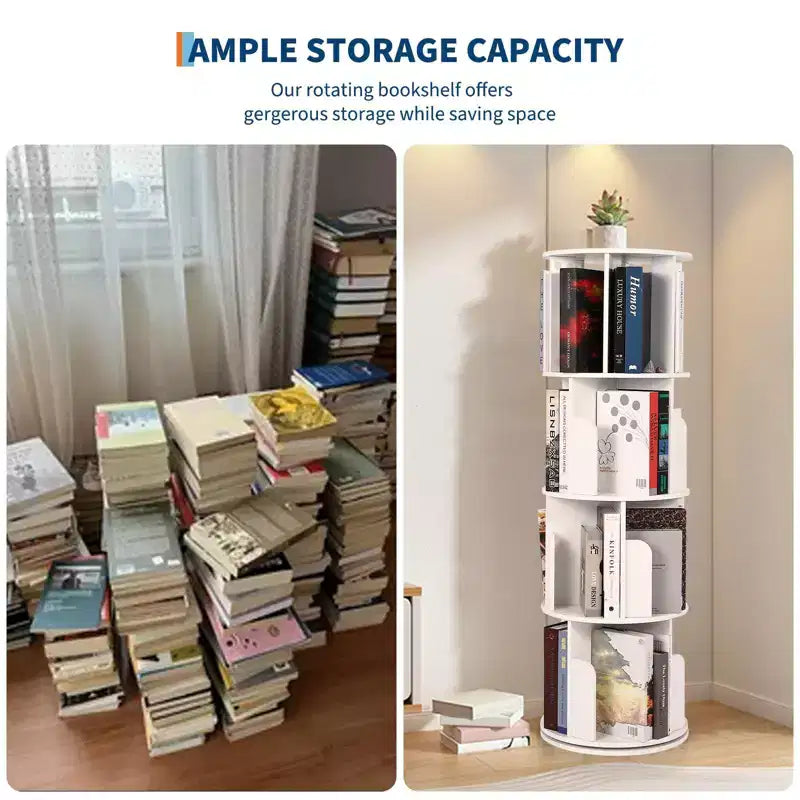 Wooden Rotating Bookshelf, 4Tier 360 Display Floor-Standing Bookcase, Multi-Functional Storage Organizer for Living Room, Bedroom