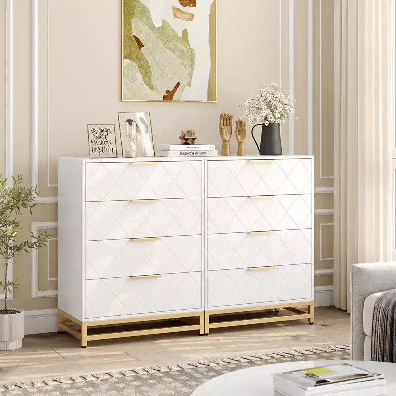 Dresser with 4 Drawer Bedroom, Wooden Dresser with Metal Legs and Handles, Bedside Storage Unit for Living Room, Hallway, Entryway