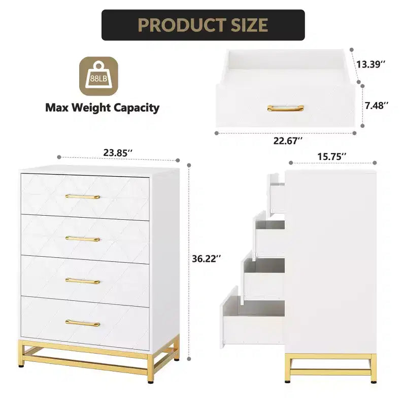 Dresser with 4 Drawer Bedroom, Wooden Dresser with Metal Legs and Handles, Bedside Storage Unit for Living Room, Hallway, Entryway