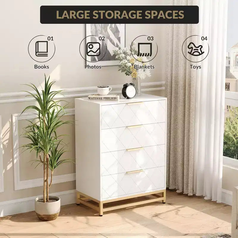 Dresser with 4 Drawer Bedroom, Wooden Dresser with Metal Legs and Handles, Bedside Storage Unit for Living Room, Hallway, Entryway
