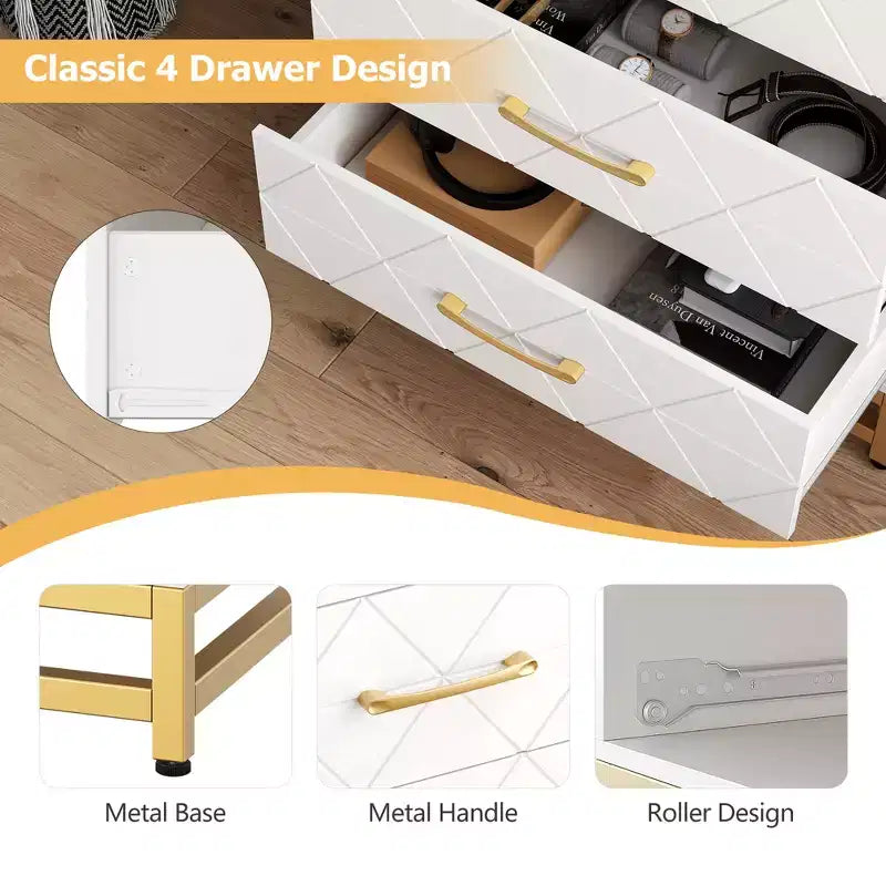 Dresser with 4 Drawer Bedroom, Wooden Dresser with Metal Legs and Handles, Bedside Storage Unit for Living Room, Hallway, Entryway