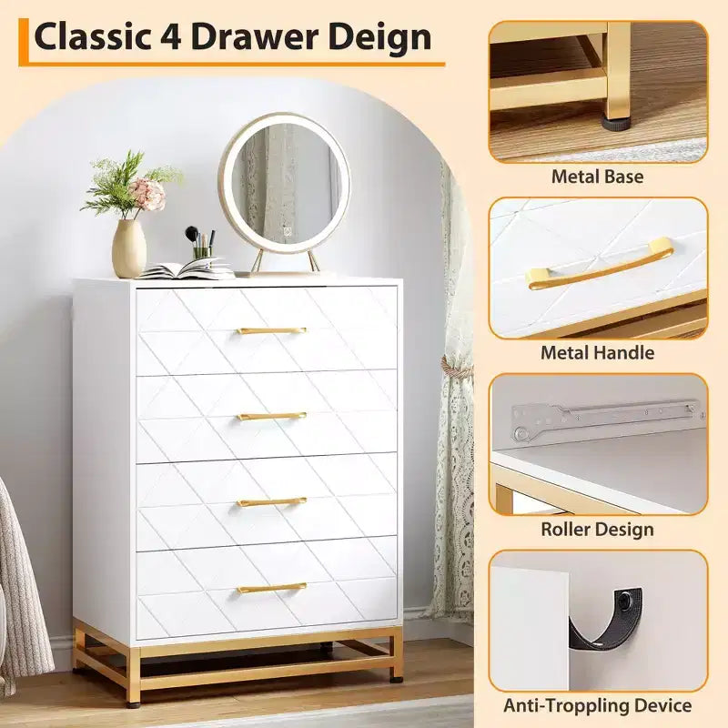 Dresser with 4 Drawer Bedroom, Wooden Dresser with Metal Legs and Handles, Bedside Storage Unit for Living Room, Hallway, Entryway