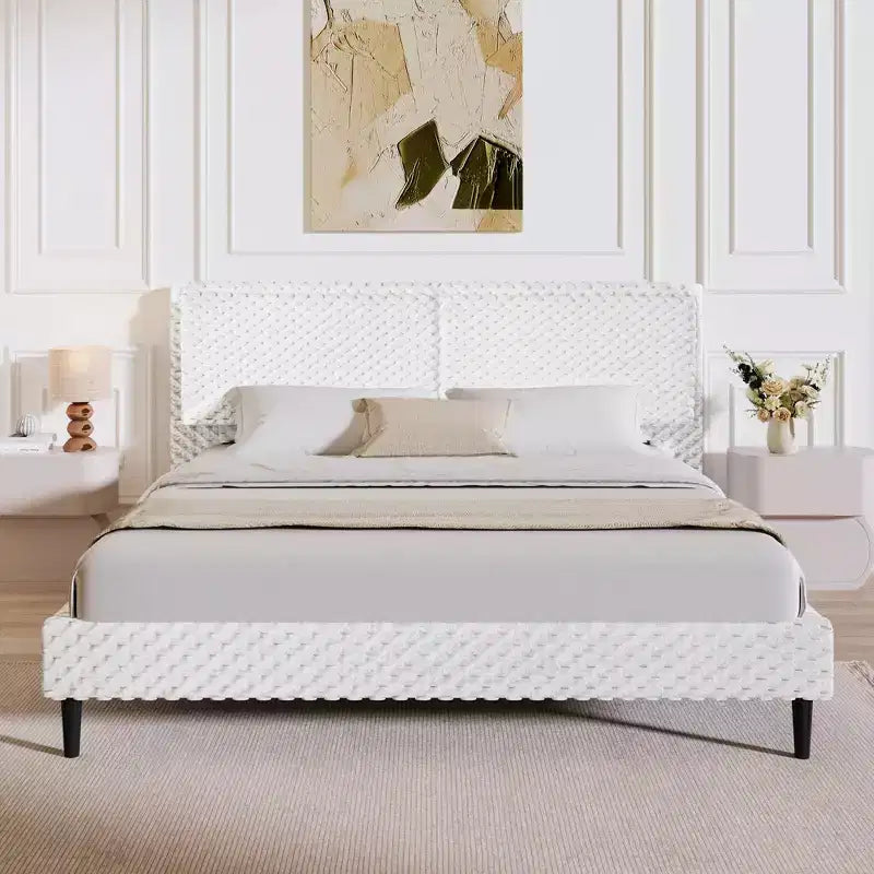 Queen/King Size Upholstered Bed Frame with Soft Backrest, Wood Platform Bed Frame for Bedroom - ModernLuxe
