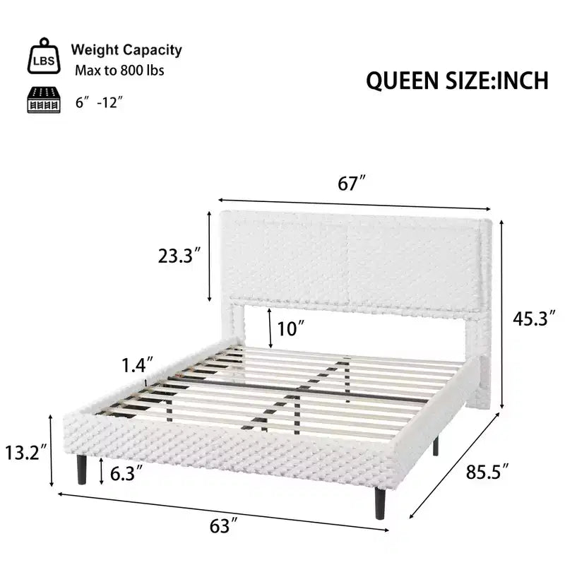 Queen/King Size Upholstered Bed Frame with Soft Backrest, Wood Platform Bed Frame for Bedroom - ModernLuxe
