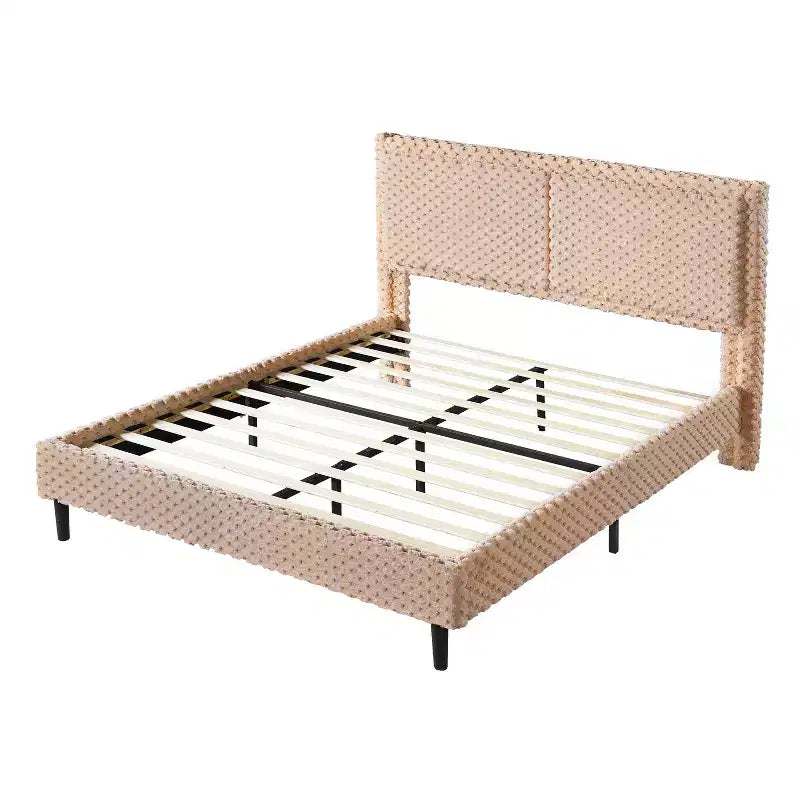 Queen/King Size Upholstered Bed Frame with Soft Backrest, Wood Platform Bed Frame for Bedroom - ModernLuxe