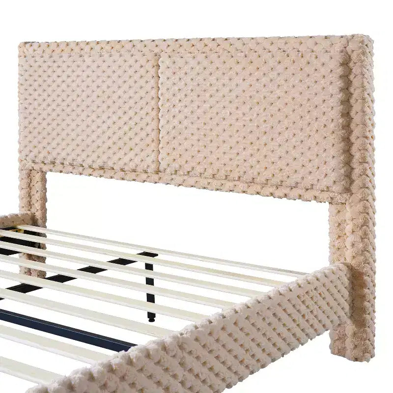 Queen/King Size Upholstered Bed Frame with Soft Backrest, Wood Platform Bed Frame for Bedroom - ModernLuxe