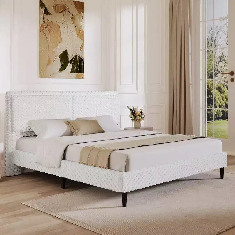 Queen/King Size Upholstered Bed Frame with Soft Backrest, Wood Platform Bed Frame for Bedroom - ModernLuxe