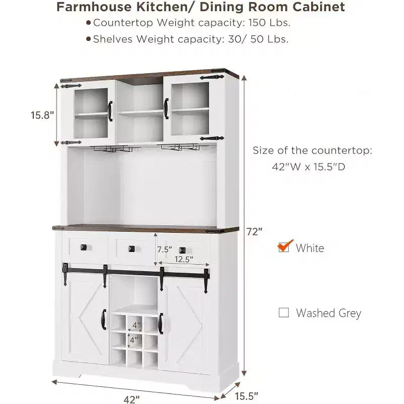 TruAIR 72 Farmhouse Bar Cabinet with Sliding Barn Door,Tall Kitchen Buffet with Storage Hutch and 3 Drawer,Rustic Coffee Wine Bar Sideboard with Wine