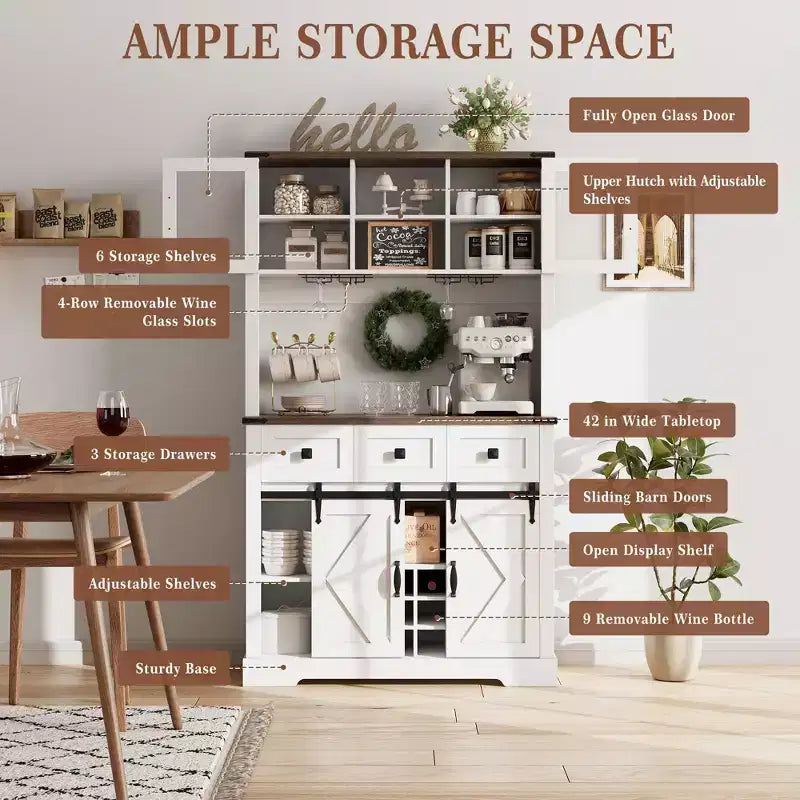 TruAIR 72 Farmhouse Bar Cabinet with Sliding Barn Door,Tall Kitchen Buffet with Storage Hutch and 3 Drawer,Rustic Coffee Wine Bar Sideboard with Wine