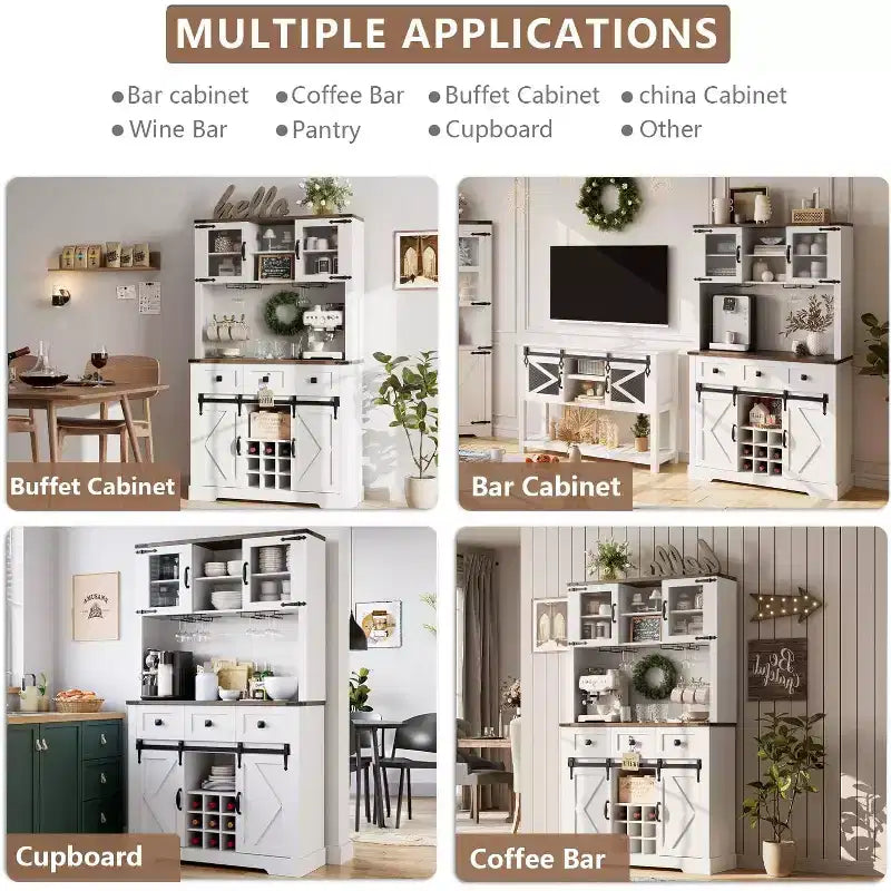 TruAIR 72 Farmhouse Bar Cabinet with Sliding Barn Door,Tall Kitchen Buffet with Storage Hutch and 3 Drawer,Rustic Coffee Wine Bar Sideboard with Wine