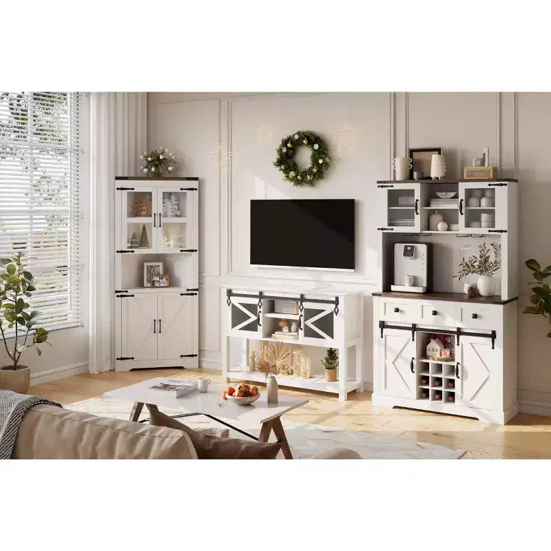 TruAIR 72 Farmhouse Bar Cabinet with Sliding Barn Door,Tall Kitchen Buffet with Storage Hutch and 3 Drawer,Rustic Coffee Wine Bar Sideboard with Wine