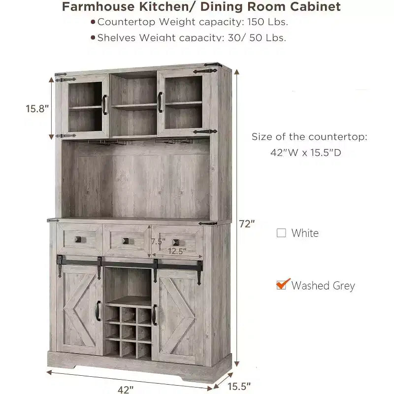 TruAIR 72 Farmhouse Bar Cabinet with Sliding Barn Door,Tall Kitchen Buffet with Storage Hutch and 3 Drawer,Rustic Coffee Wine Bar Sideboard with Wine