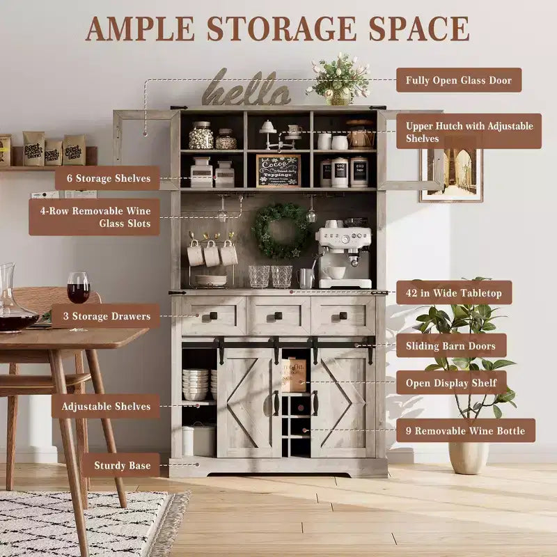 TruAIR 72 Farmhouse Bar Cabinet with Sliding Barn Door,Tall Kitchen Buffet with Storage Hutch and 3 Drawer,Rustic Coffee Wine Bar Sideboard with Wine