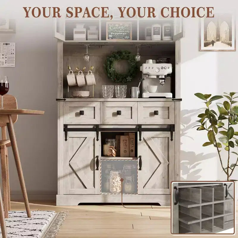 TruAIR 72 Farmhouse Bar Cabinet with Sliding Barn Door,Tall Kitchen Buffet with Storage Hutch and 3 Drawer,Rustic Coffee Wine Bar Sideboard with Wine