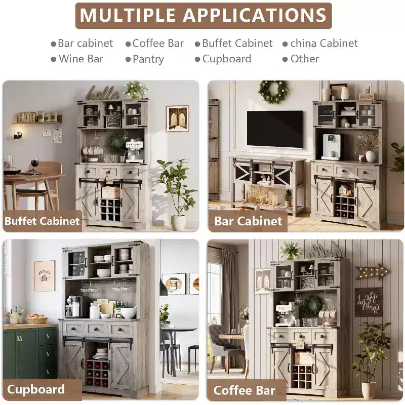 TruAIR 72 Farmhouse Bar Cabinet with Sliding Barn Door,Tall Kitchen Buffet with Storage Hutch and 3 Drawer,Rustic Coffee Wine Bar Sideboard with Wine