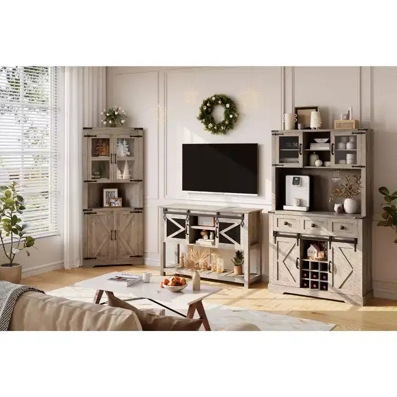 TruAIR 72 Farmhouse Bar Cabinet with Sliding Barn Door,Tall Kitchen Buffet with Storage Hutch and 3 Drawer,Rustic Coffee Wine Bar Sideboard with Wine