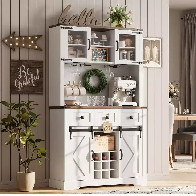 TruAIR 72 Farmhouse Bar Cabinet with Sliding Barn Door,Tall Kitchen Buffet with Storage Hutch and 3 Drawer,Rustic Coffee Wine Bar Sideboard with Wine