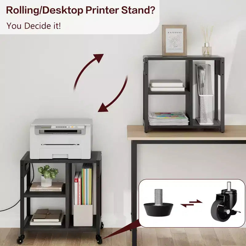 3-Tier Rolling Printer Stand with Built-In Power Outlets and USB Ports, Utility Storage Cart Printer Cart with Storage Shelves for Home and Office