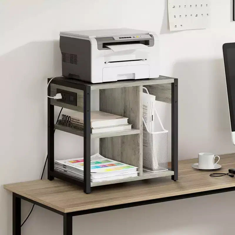 3-Tier Rolling Printer Stand with Built-In Power Outlets and USB Ports, Utility Storage Cart Printer Cart with Storage Shelves for Home and Office