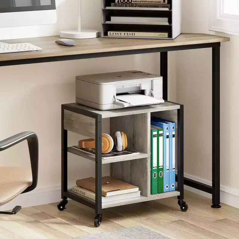 3-Tier Rolling Printer Stand with Built-In Power Outlets and USB Ports, Utility Storage Cart Printer Cart with Storage Shelves for Home and Office