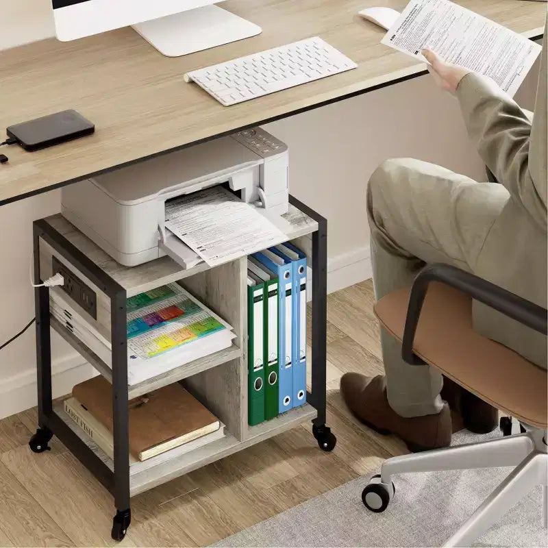 3-Tier Rolling Printer Stand with Built-In Power Outlets and USB Ports, Utility Storage Cart Printer Cart with Storage Shelves for Home and Office