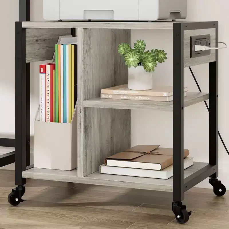 3-Tier Rolling Printer Stand with Built-In Power Outlets and USB Ports, Utility Storage Cart Printer Cart with Storage Shelves for Home and Office
