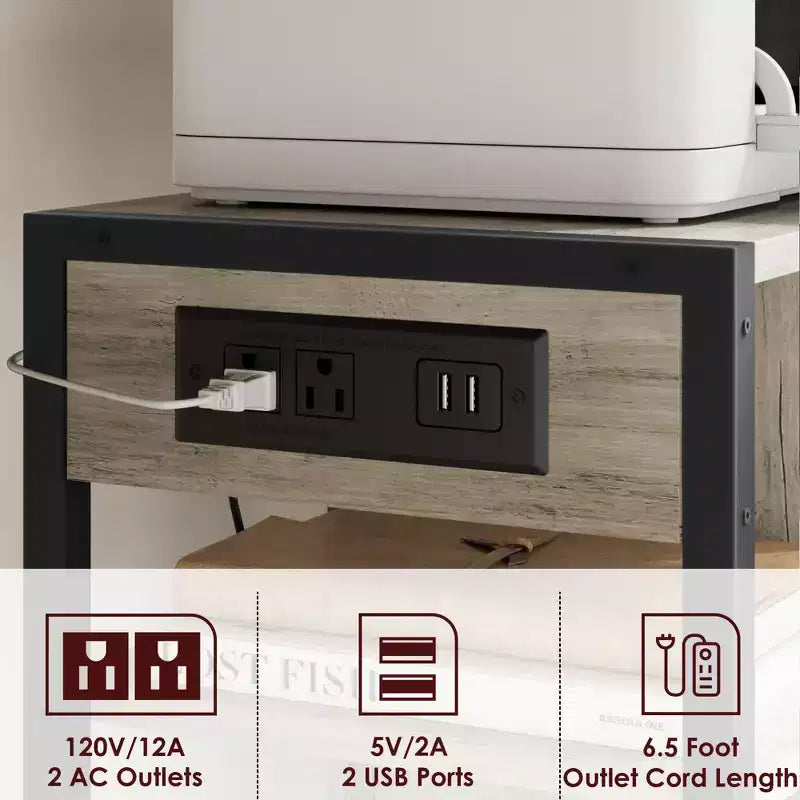 3-Tier Rolling Printer Stand with Built-In Power Outlets and USB Ports, Utility Storage Cart Printer Cart with Storage Shelves for Home and Office