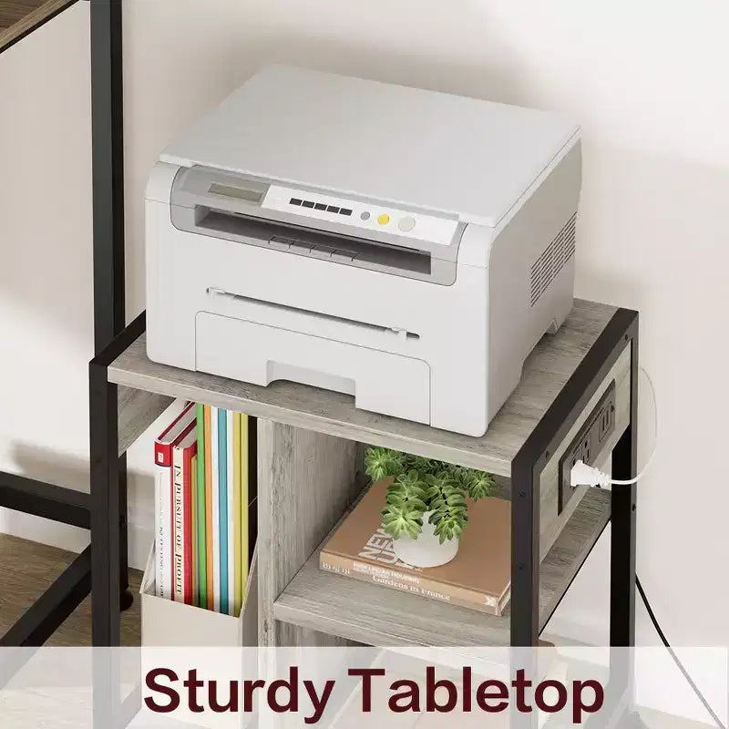 3-Tier Rolling Printer Stand with Built-In Power Outlets and USB Ports, Utility Storage Cart Printer Cart with Storage Shelves for Home and Office