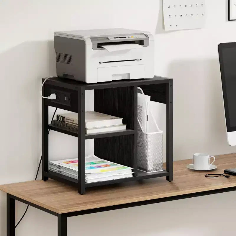 3-Tier Rolling Printer Stand with Built-In Power Outlets and USB Ports, Utility Storage Cart Printer Cart with Storage Shelves for Home and Office