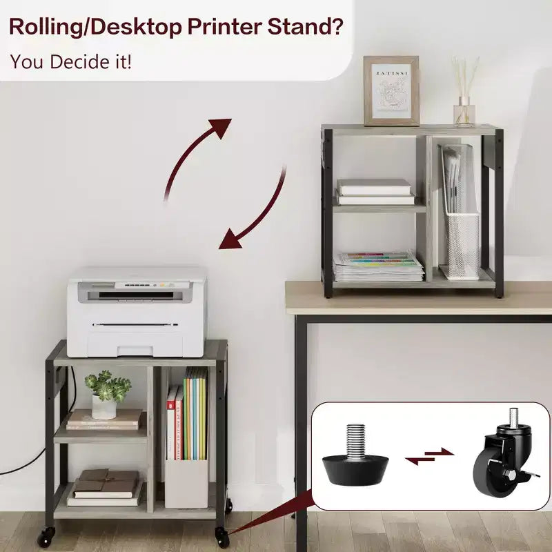 3-Tier Rolling Printer Stand with Built-In Power Outlets and USB Ports, Utility Storage Cart Printer Cart with Storage Shelves for Home and Office