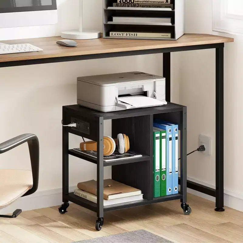 3-Tier Rolling Printer Stand with Built-In Power Outlets and USB Ports, Utility Storage Cart Printer Cart with Storage Shelves for Home and Office