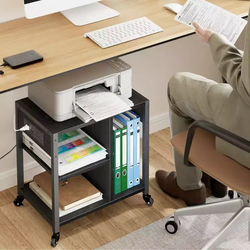 3-Tier Rolling Printer Stand with Built-In Power Outlets and USB Ports, Utility Storage Cart Printer Cart with Storage Shelves for Home and Office