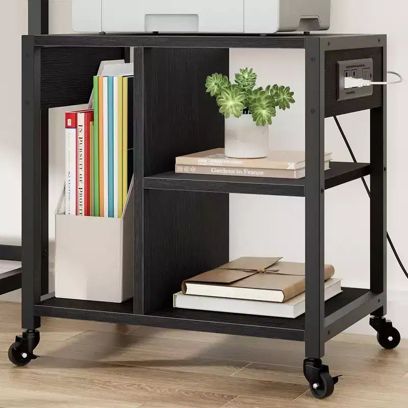 3-Tier Rolling Printer Stand with Built-In Power Outlets and USB Ports, Utility Storage Cart Printer Cart with Storage Shelves for Home and Office