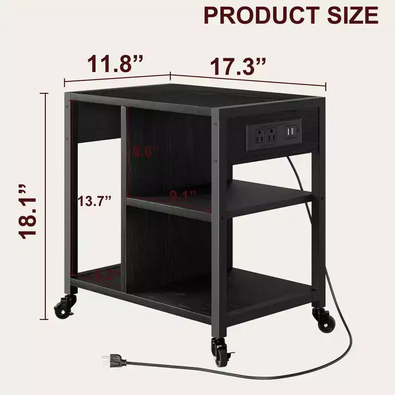 3-Tier Rolling Printer Stand with Built-In Power Outlets and USB Ports, Utility Storage Cart Printer Cart with Storage Shelves for Home and Office