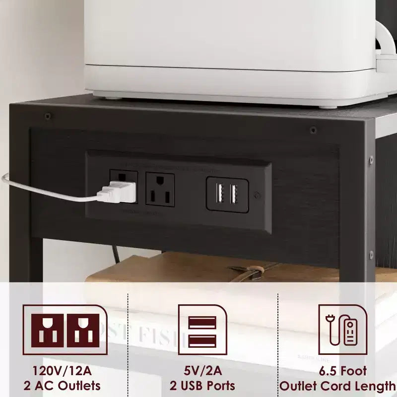 3-Tier Rolling Printer Stand with Built-In Power Outlets and USB Ports, Utility Storage Cart Printer Cart with Storage Shelves for Home and Office