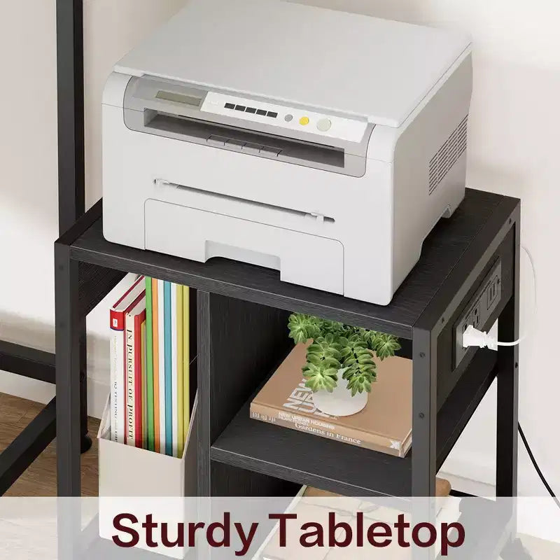 3-Tier Rolling Printer Stand with Built-In Power Outlets and USB Ports, Utility Storage Cart Printer Cart with Storage Shelves for Home and Office