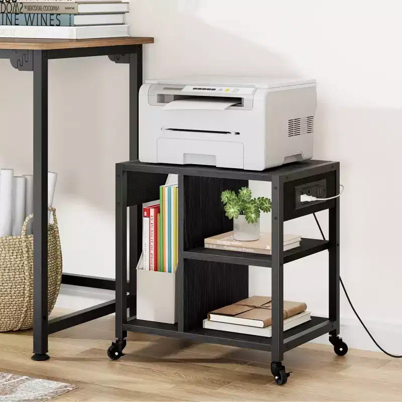3-Tier Rolling Printer Stand with Built-In Power Outlets and USB Ports, Utility Storage Cart Printer Cart with Storage Shelves for Home and Office
