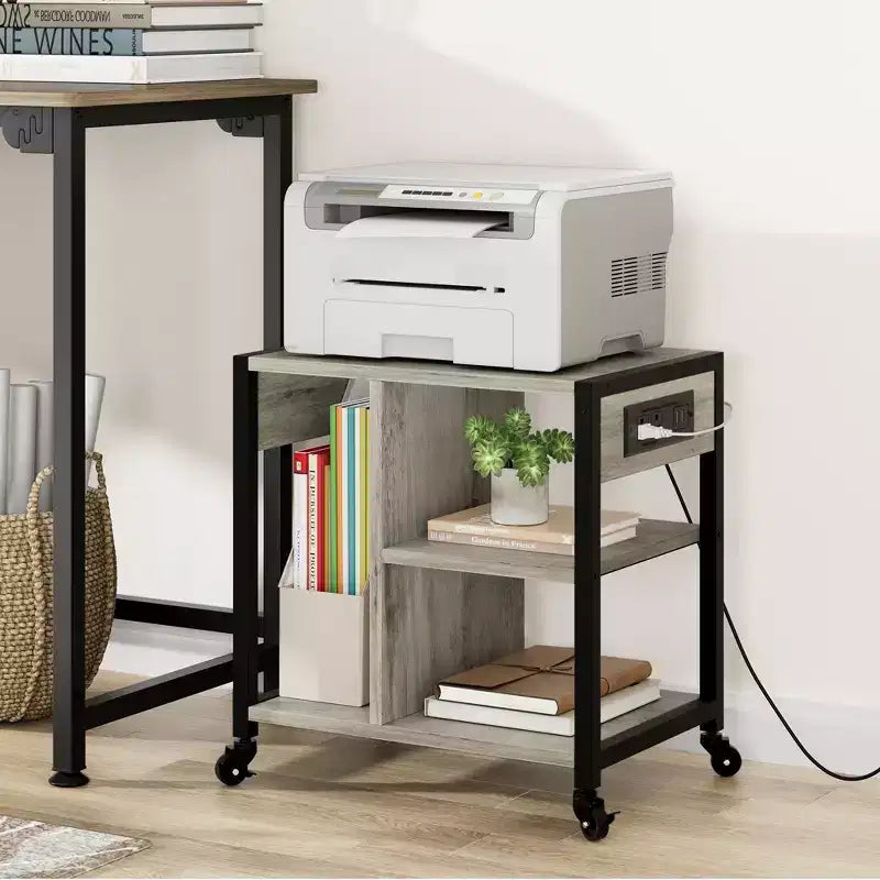 3-Tier Rolling Printer Stand with Built-In Power Outlets and USB Ports, Utility Storage Cart Printer Cart with Storage Shelves for Home and Office