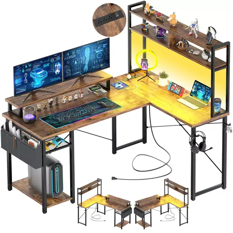 Besiost L Desk Computer Table with Reversible Hutch and Charging Station