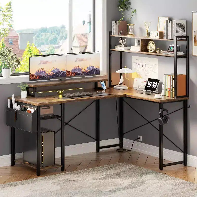 Besiost L Desk Computer Table with Reversible Hutch and Charging Station