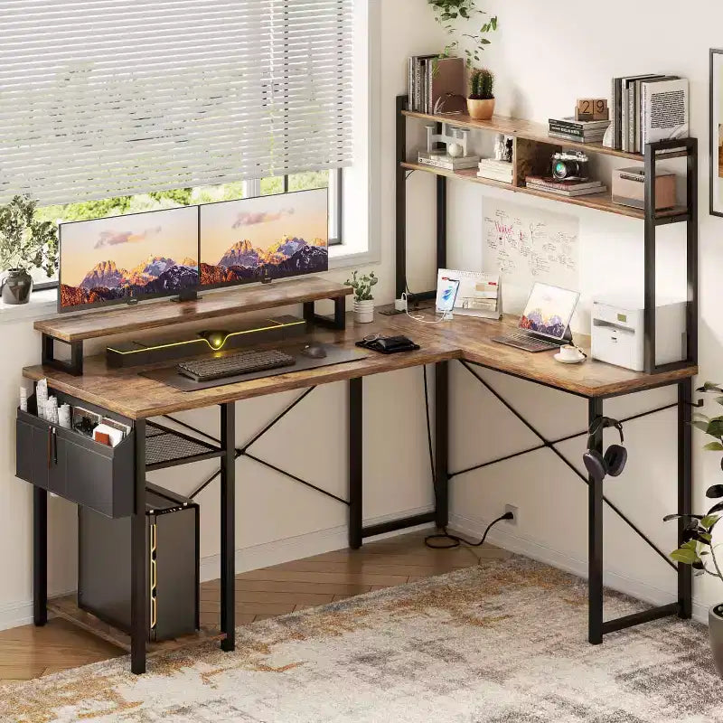 Besiost L Desk Computer Table with Reversible Hutch and Charging Station